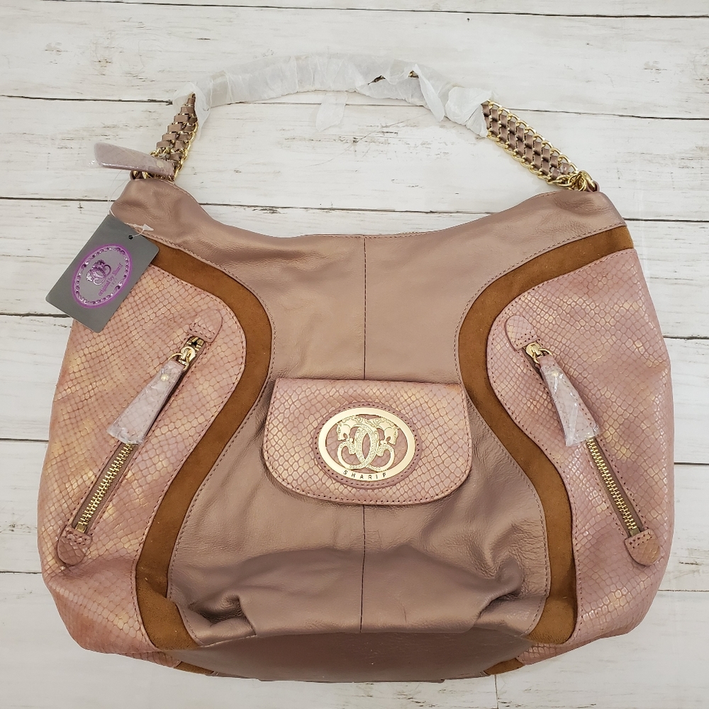 NWT Sharif Hobo Bag Reptile Print Suede Dusty Pink Copper Metallic Purse